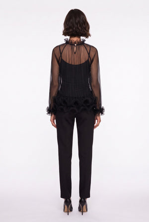 Ruffled Collar Pleated Chiffon Blouse Black