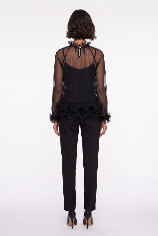 Ruffled Collar Pleated Chiffon Blouse Black