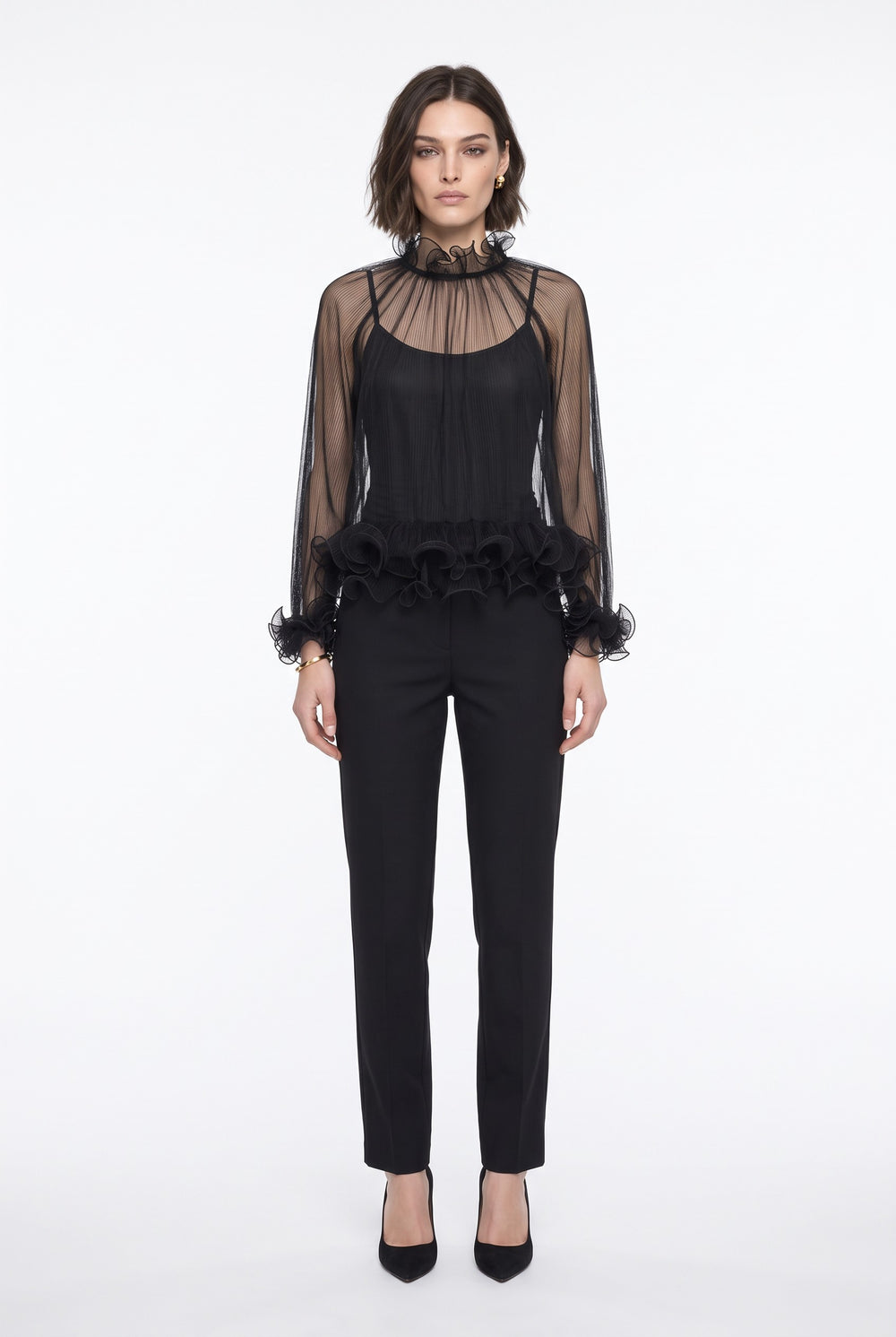 Ruffled Collar Pleated Chiffon Blouse Black