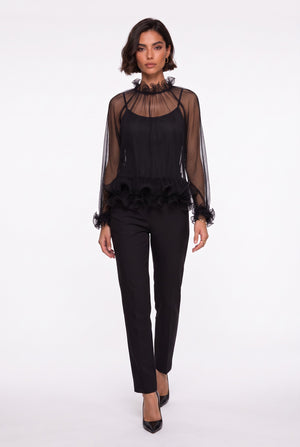 Ruffled Collar Pleated Chiffon Blouse Black
