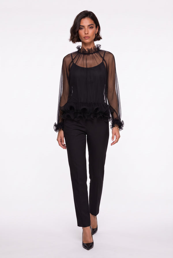 Ruffled Collar Pleated Chiffon Blouse Black