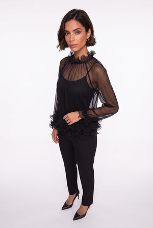 Ruffled Collar Pleated Chiffon Blouse Black