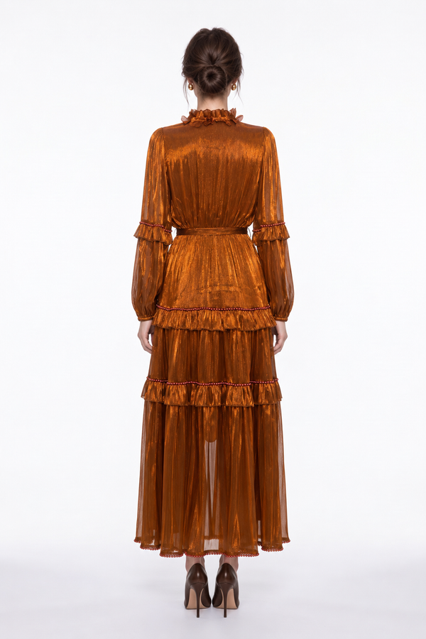 Fiyonklu Katlı Etekli Uzun Elbise Bronz