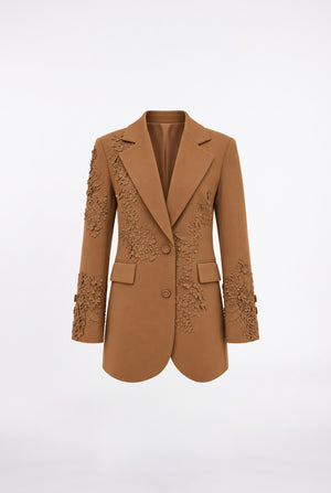 Üç Boyutlu Çiçek Aplikeli Blazer Ceket Kahve