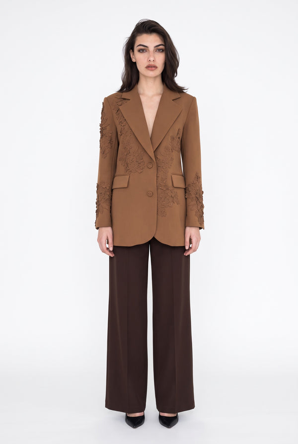 Üç Boyutlu Çiçek Aplikeli Blazer Ceket Kahve