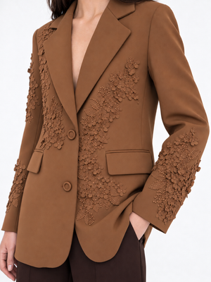 Üç Boyutlu Çiçek Aplikeli Blazer Ceket Kahve