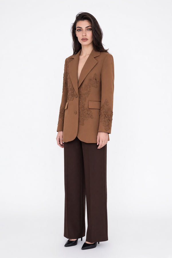 Üç Boyutlu Çiçek Aplikeli Blazer Ceket Kahve