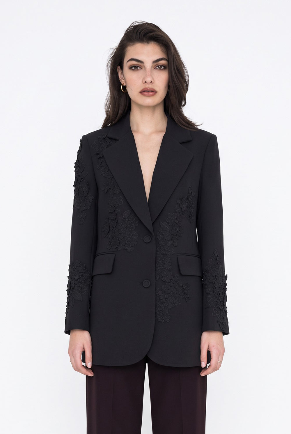 Üç Boyutlu Çiçek Aplikeli Blazer Ceket Siyah