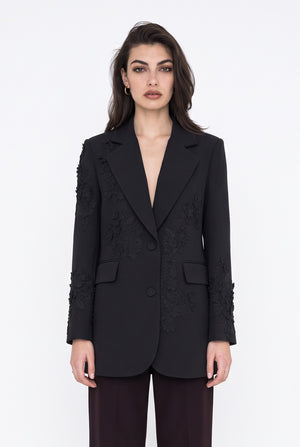 Üç Boyutlu Çiçek Aplikeli Blazer Ceket Siyah