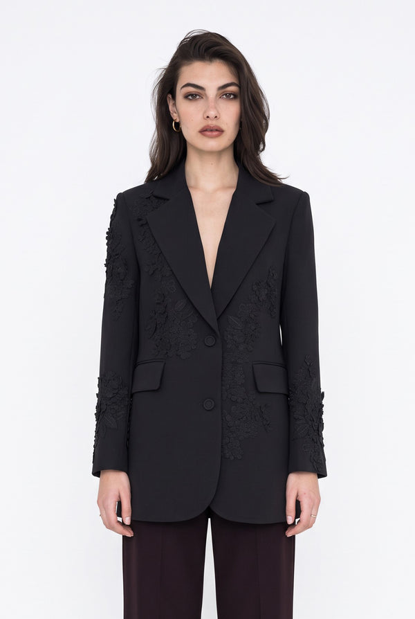 Üç Boyutlu Çiçek Aplikeli Blazer Ceket Siyah