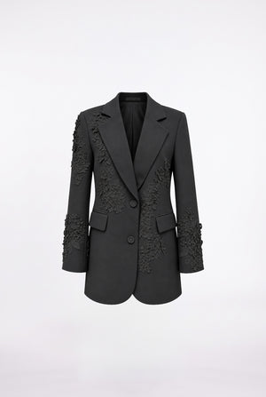 Üç Boyutlu Çiçek Aplikeli Blazer Ceket Siyah