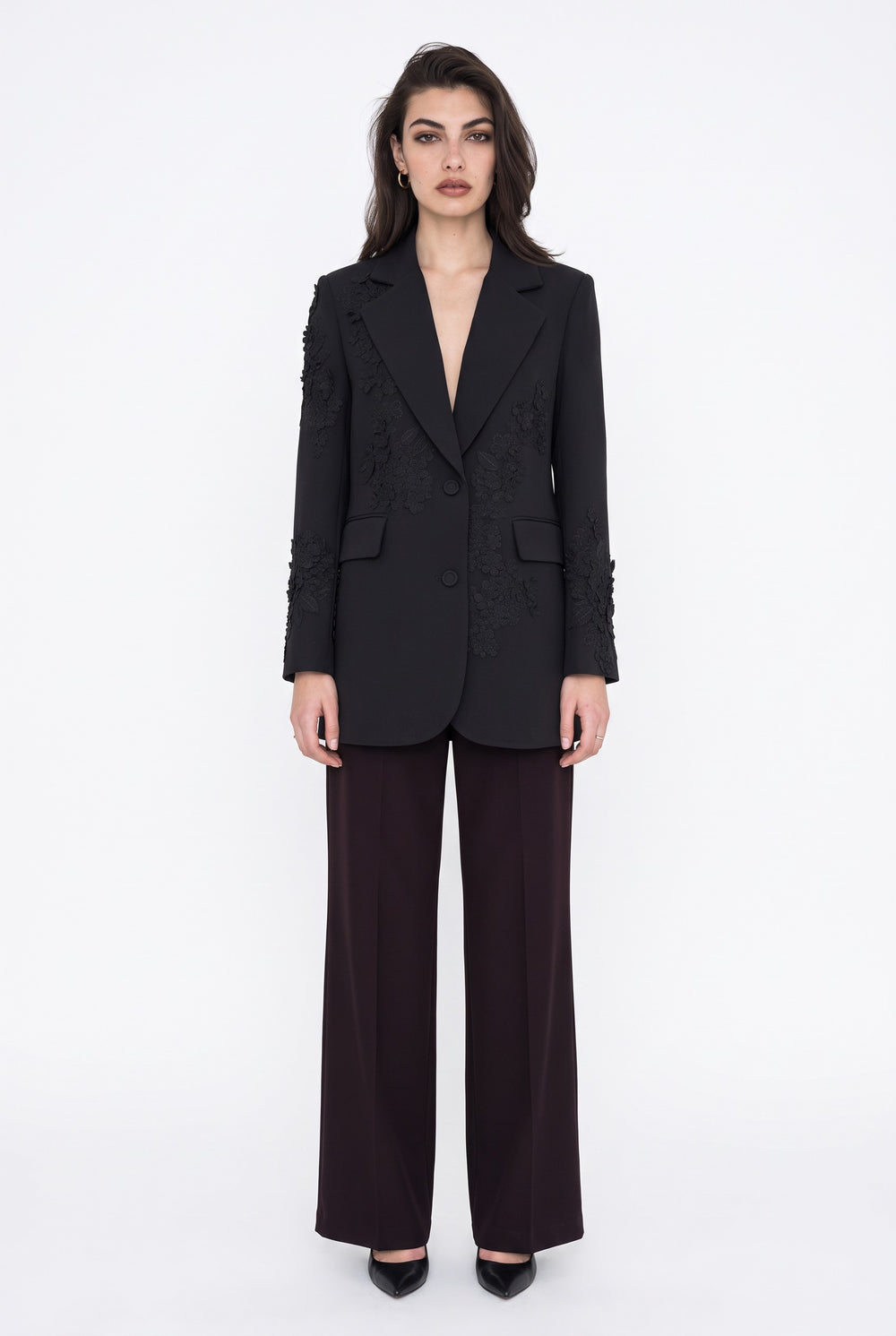 Üç Boyutlu Çiçek Aplikeli Blazer Ceket Siyah