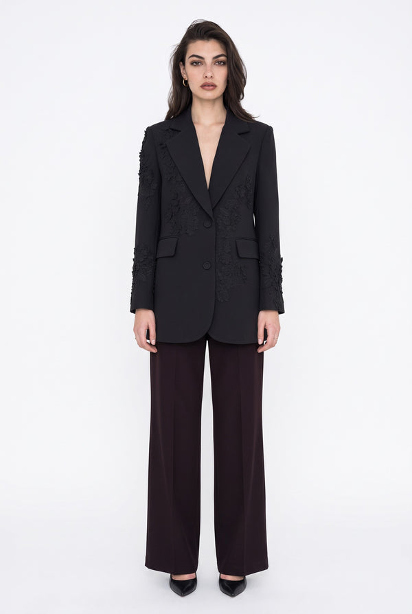 Üç Boyutlu Çiçek Aplikeli Blazer Ceket Siyah