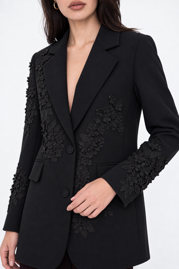Üç Boyutlu Çiçek Aplikeli Blazer Ceket Siyah