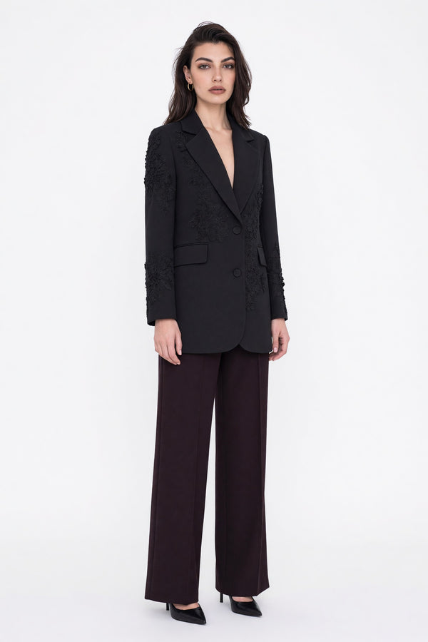Üç Boyutlu Çiçek Aplikeli Blazer Ceket Siyah