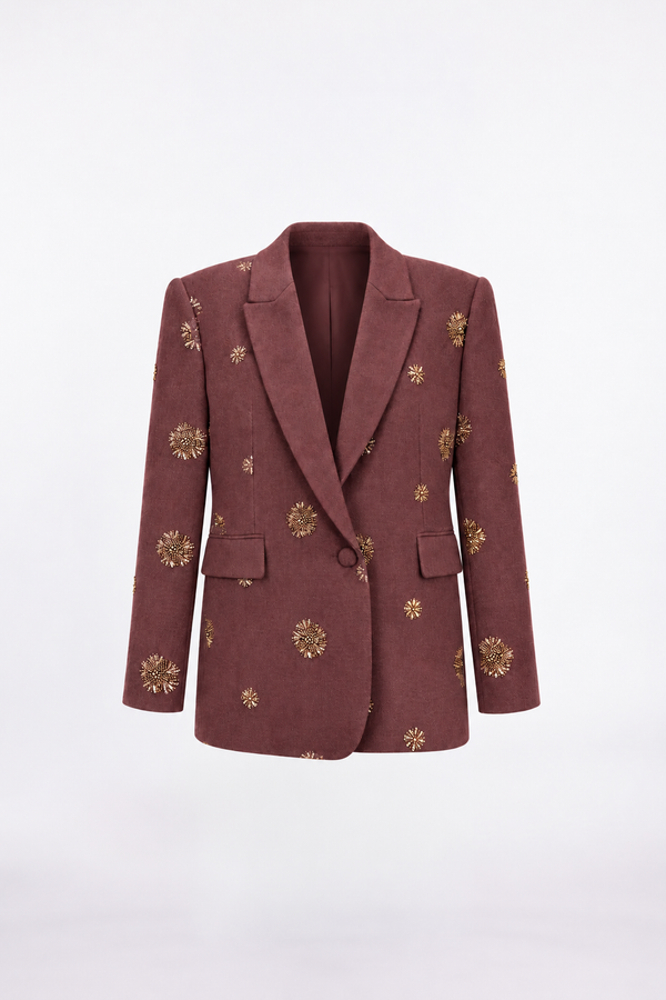 Boncuk İşlemeli Kaşe Blazer Ceket Bordo