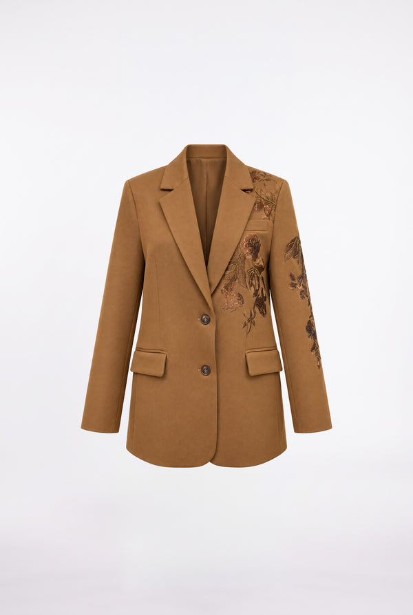 Payet ve Çiçek Nakışlı Blazer Ceket Kahve