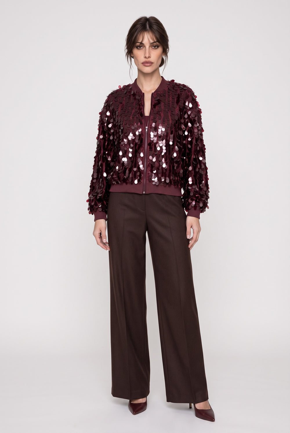 Burgundy Sequin Embroidered Zipper Jacket