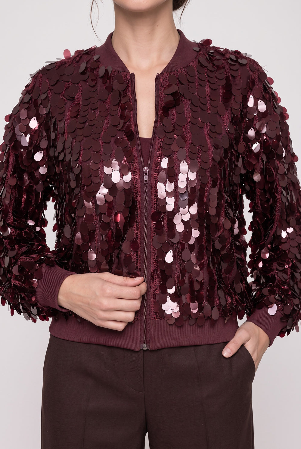 Burgundy Sequin Embroidered Zipper Jacket