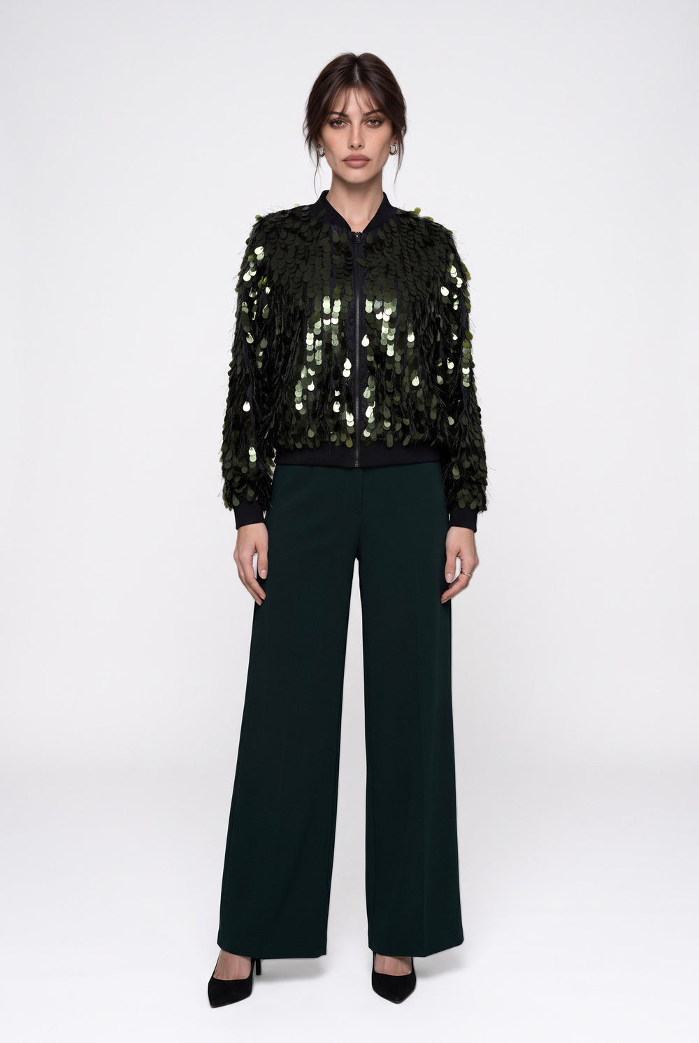 Sequin Embroidered Zipper Jacket Black
