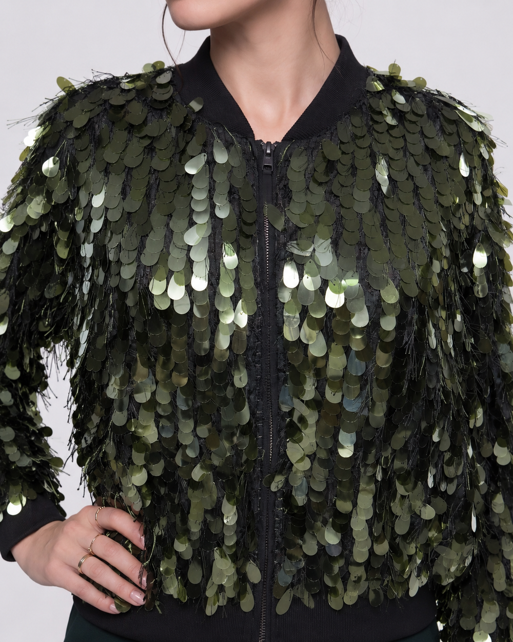 Sequin Embroidered Zipper Jacket Black