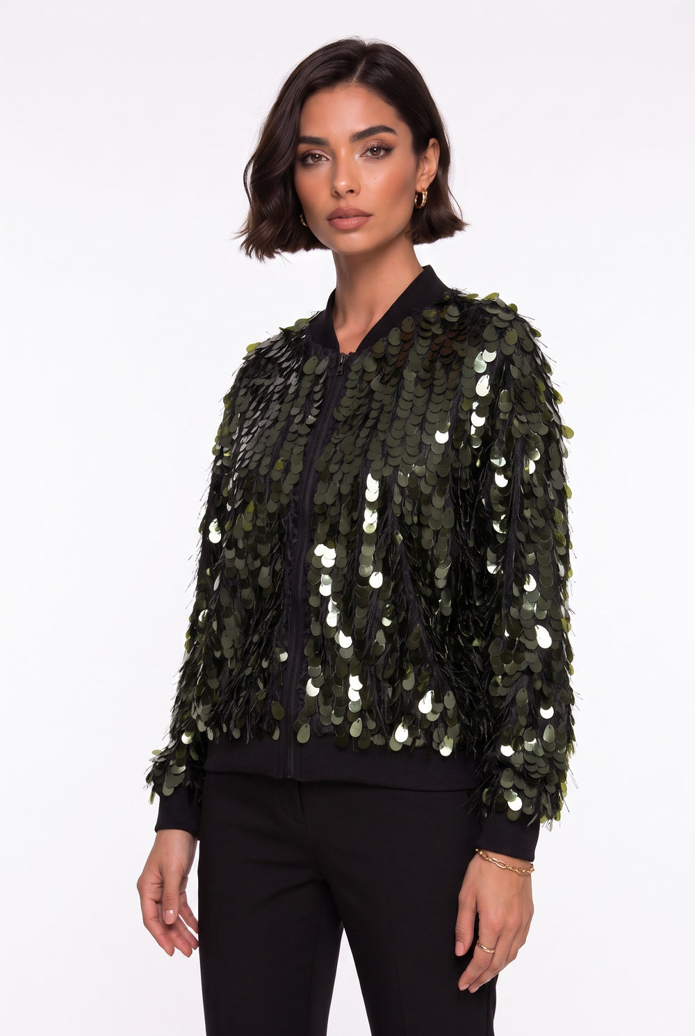 Sequin Embroidered Zipper Jacket Black