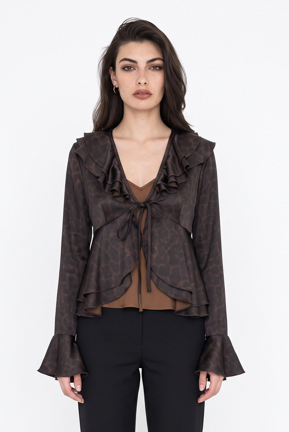 Burgundy Leopard Print Ruffle Tie-Detail V-Neck Blouse