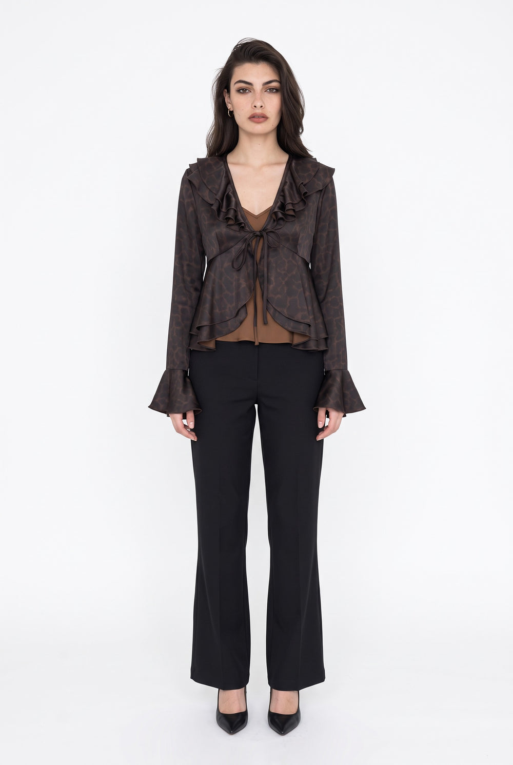 Burgundy Leopard Print Ruffle Tie-Detail V-Neck Blouse