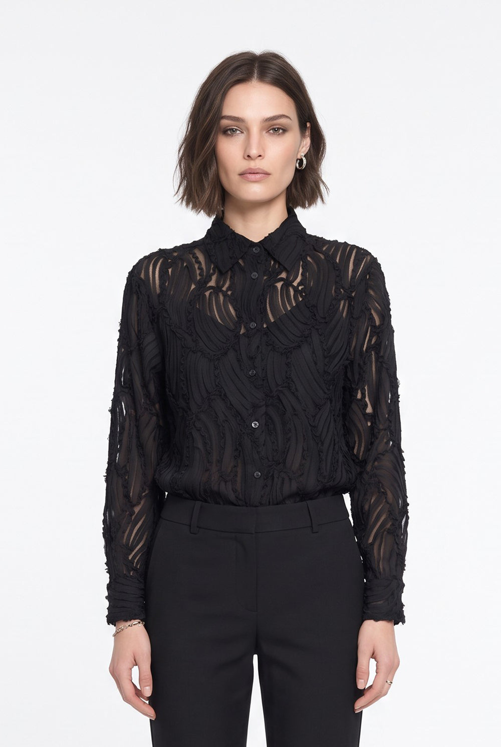 Shirt Collar Patterned Chiffon Shirt Black