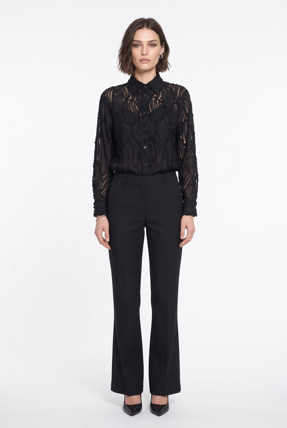 Shirt Collar Patterned Chiffon Shirt Black