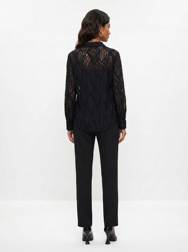 Shirt Collar Patterned Chiffon Shirt Black