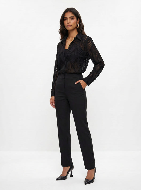 Shirt Collar Patterned Chiffon Shirt Black