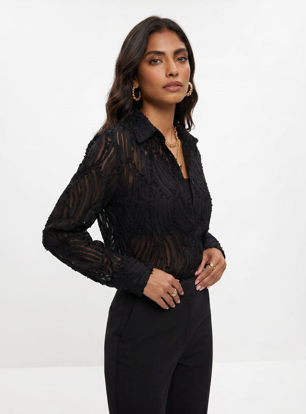 Shirt Collar Patterned Chiffon Shirt Black