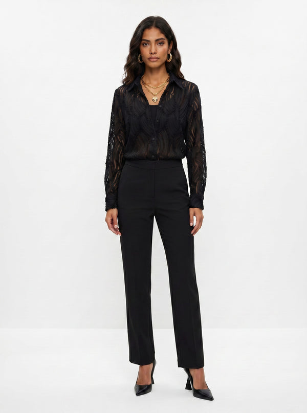 Shirt Collar Patterned Chiffon Shirt Black