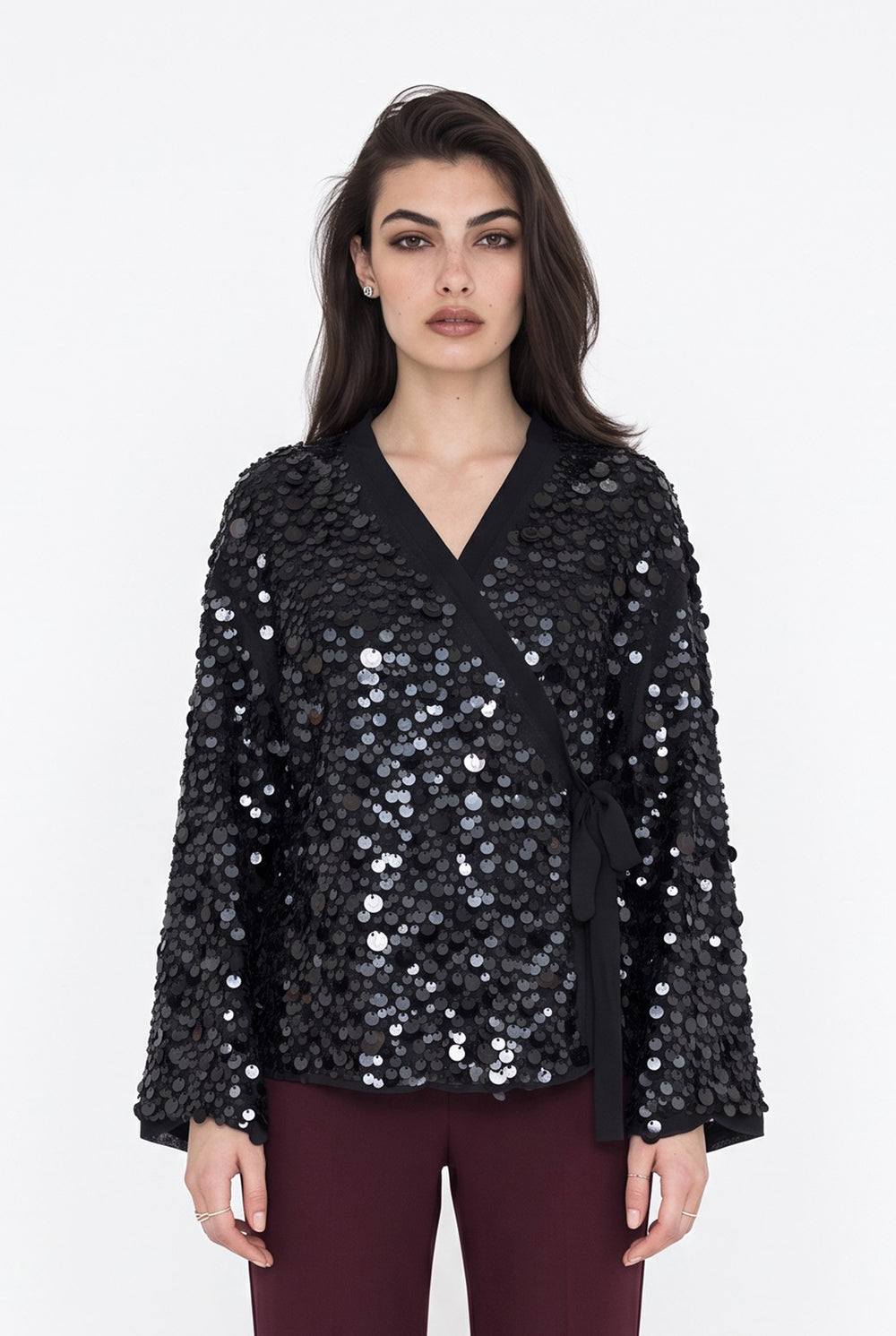 Wrap-Cut Waist-Tie Sequin Blouse Black