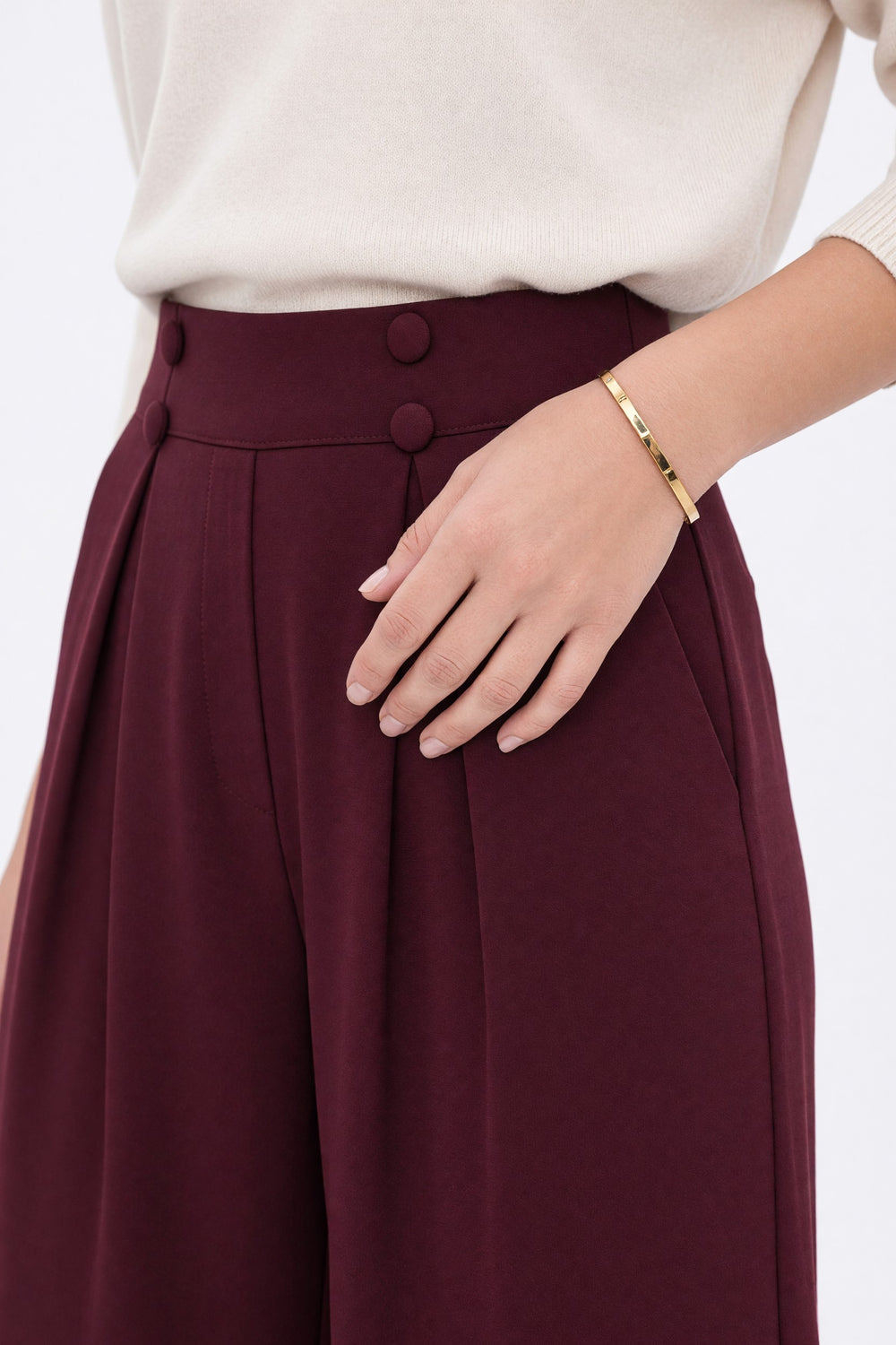 High-Waisted Button Detail Wide Leg Pants Burgundy