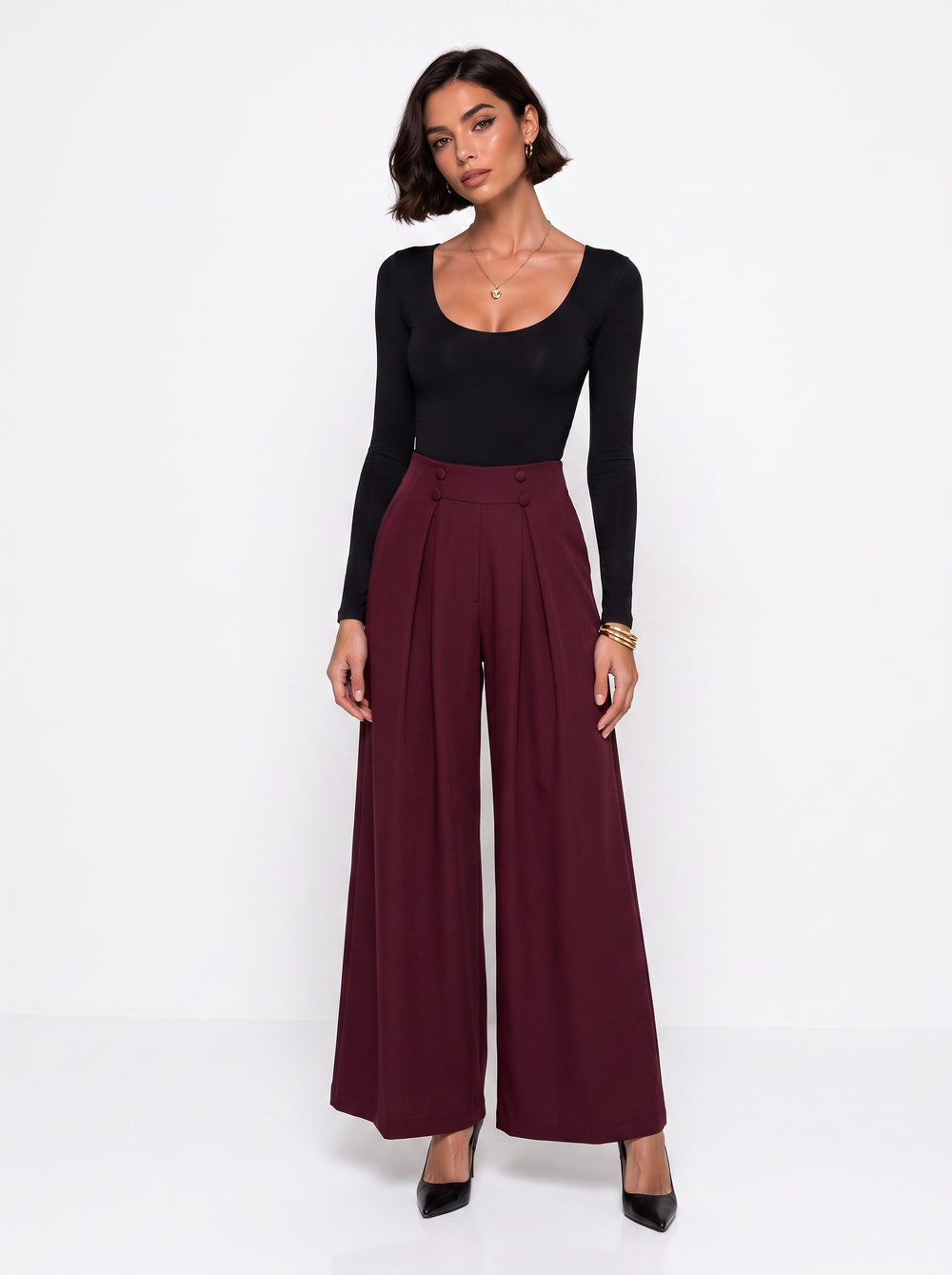 High-Waisted Button Detail Wide Leg Pants Burgundy
