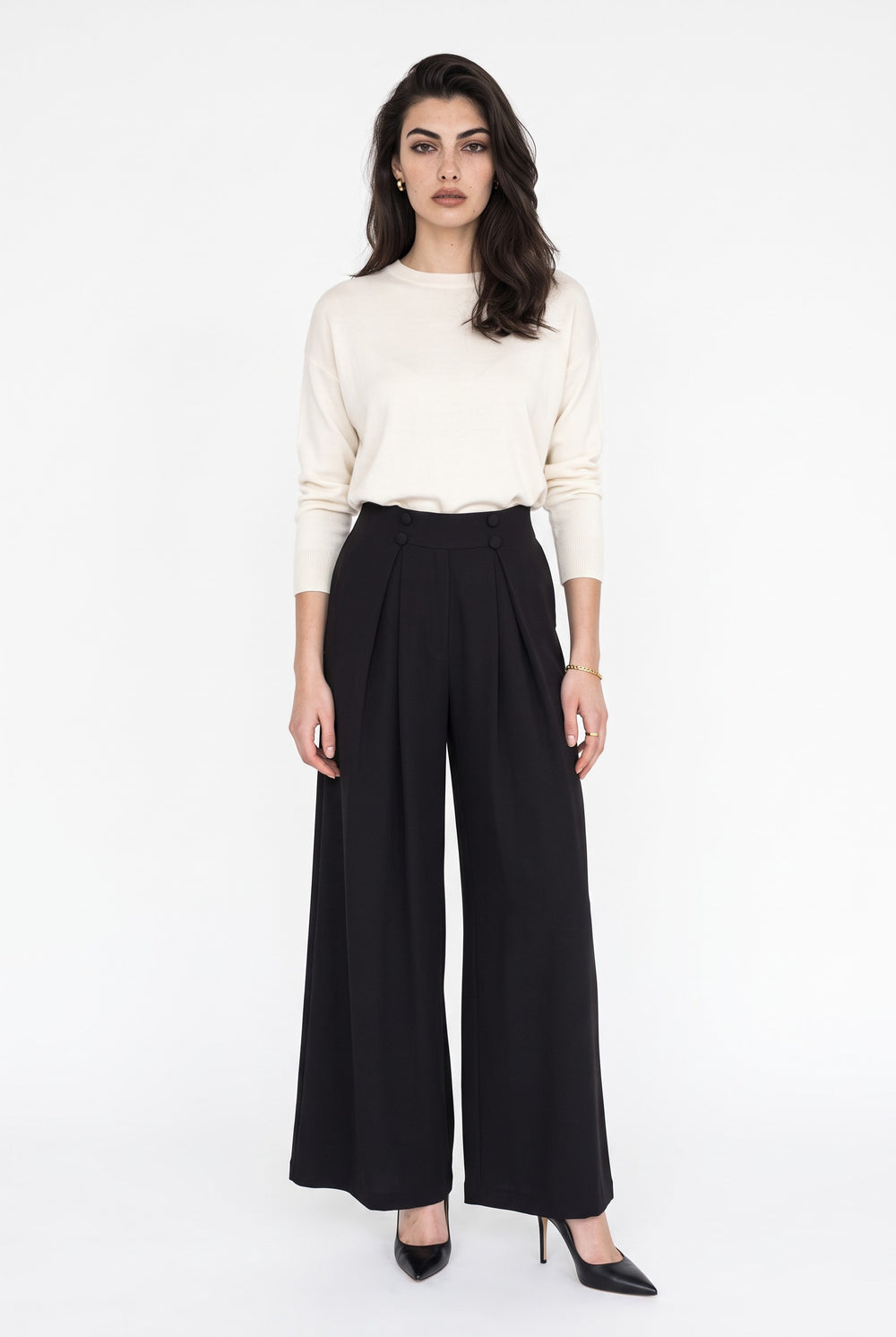 High Waisted Button Detail Wide Leg Trousers Black