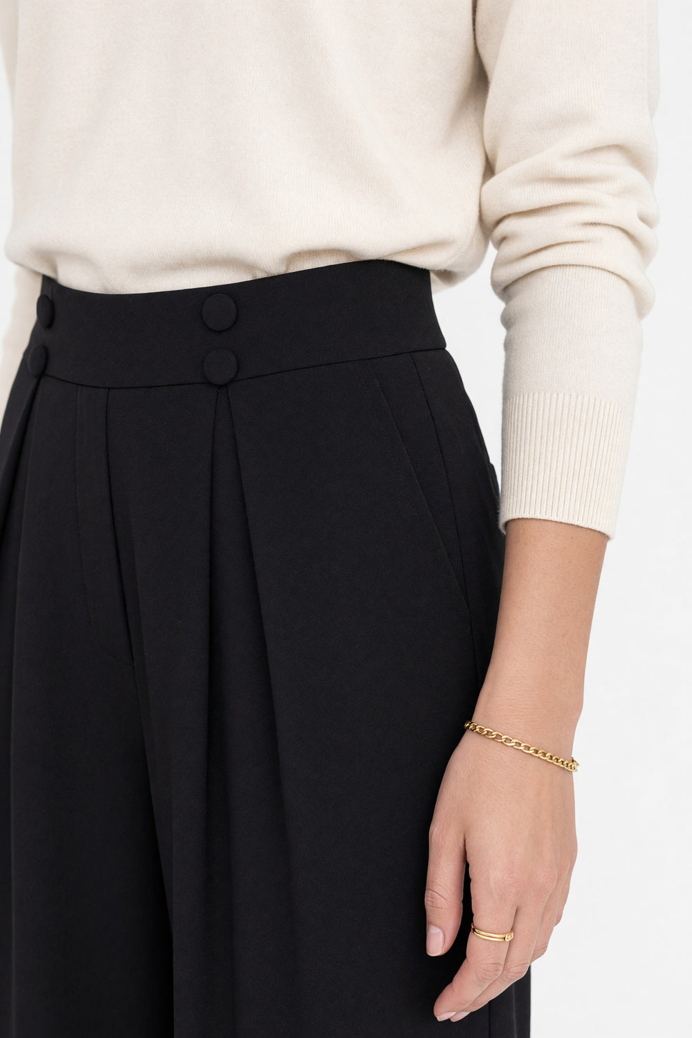 High Waisted Button Detail Wide Leg Trousers Black