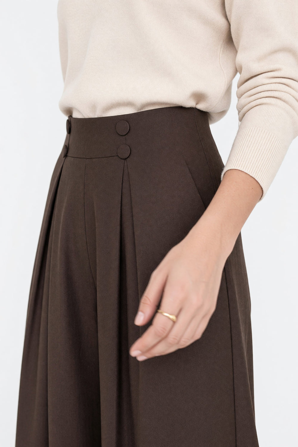 High-Waisted Button Detail Wide-Leg Trousers Mink