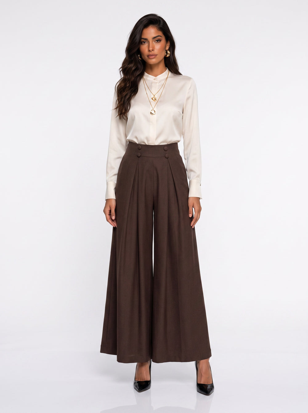 High-Waisted Button Detail Wide-Leg Trousers Mink