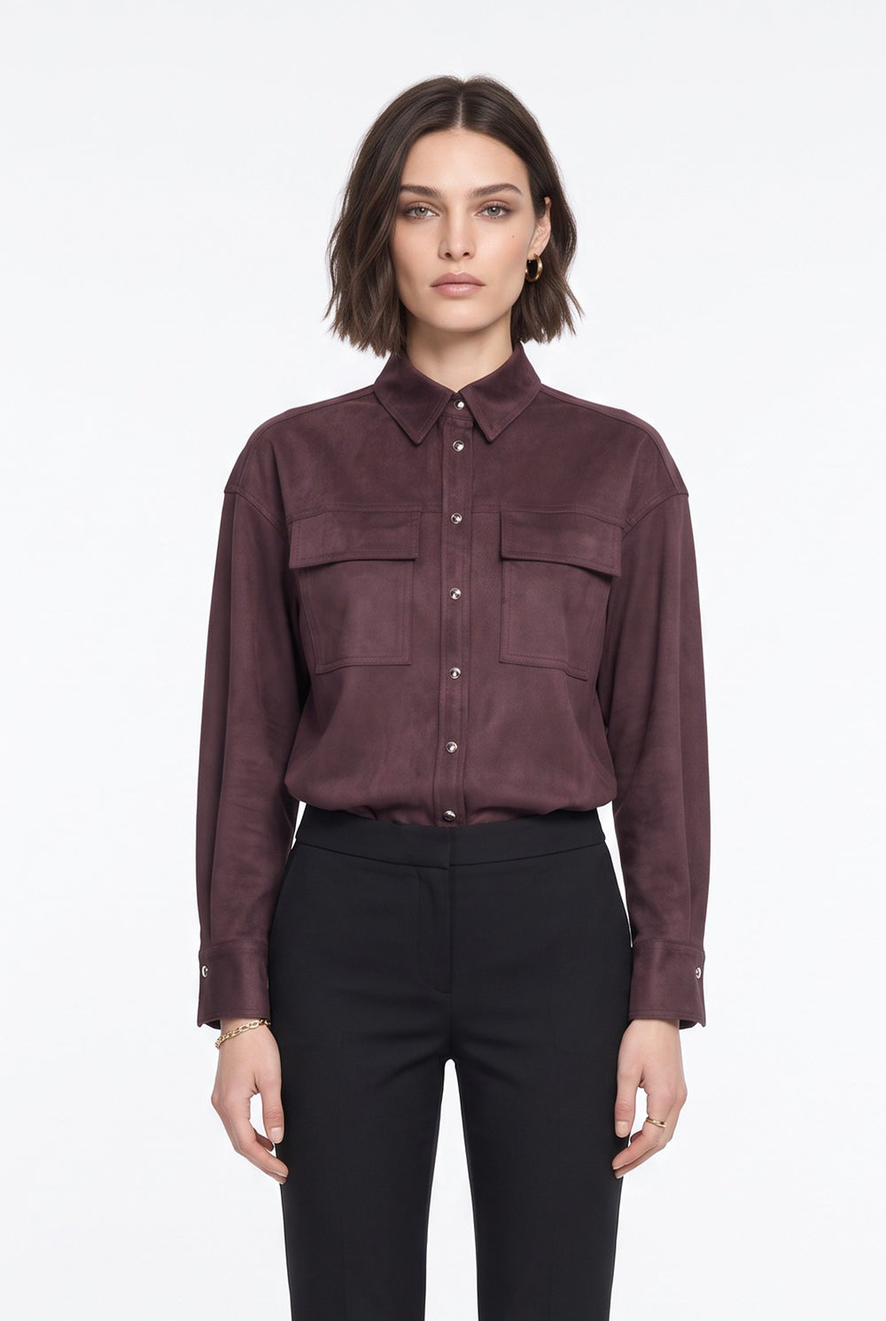 Double-Pocket Suede Shirt Burgundy