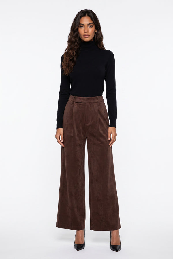 Pleated Velvet Wide-Leg Trousers Coffee