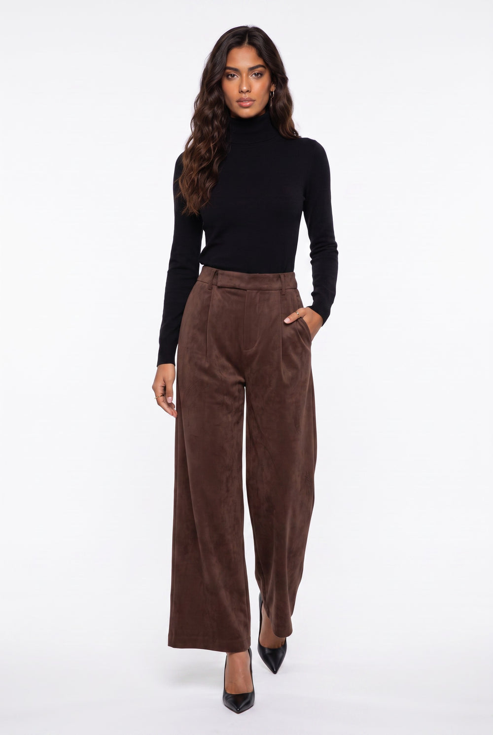 Pleated Velvet Wide-Leg Trousers Coffee