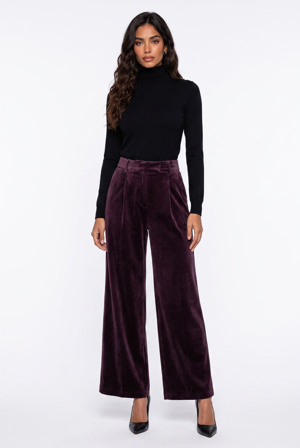 Pleated Velvet Wide-Leg Trousers Plum