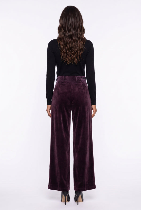 Pleated Velvet Wide-Leg Trousers Plum