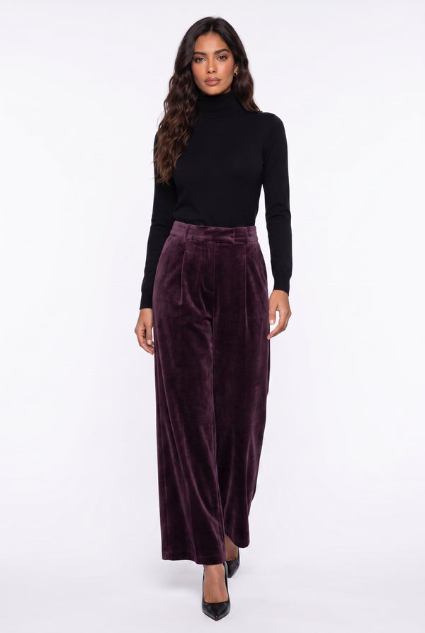 Pleated Velvet Wide-Leg Trousers Plum