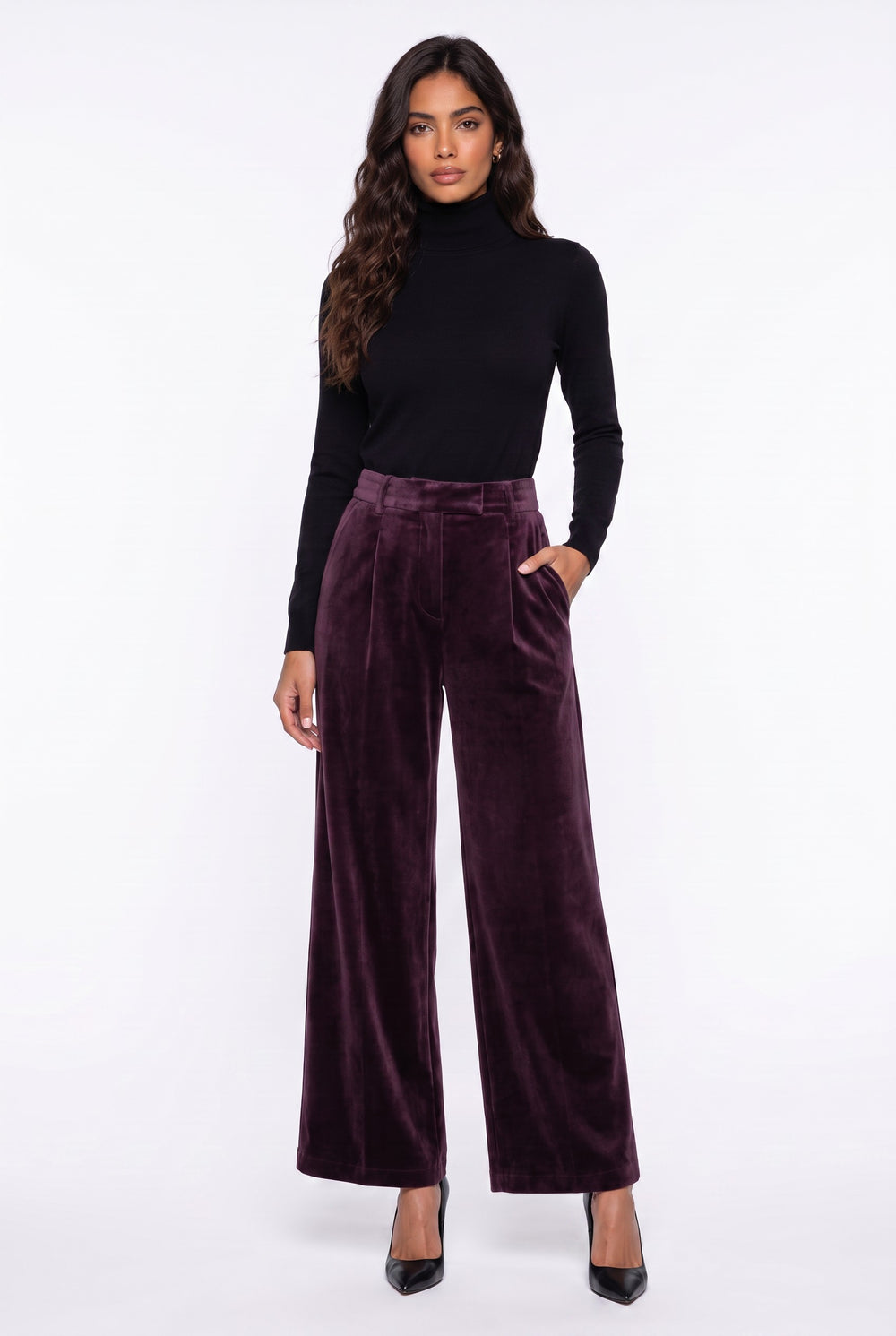Pleated Velvet Wide-Leg Trousers Plum