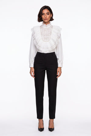 Ecru Ruffled Collar Embroidered Chiffon Shirt