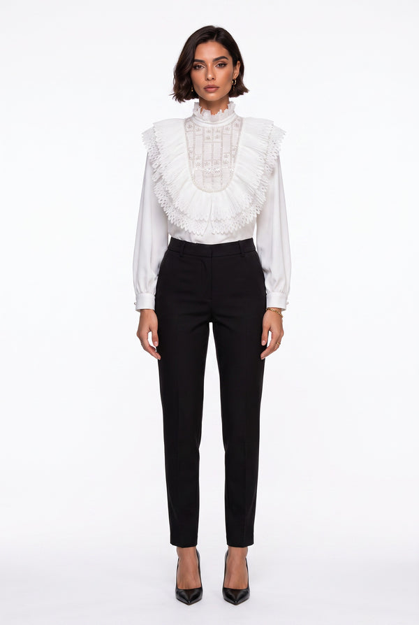 Ecru Ruffled Collar Embroidered Chiffon Shirt